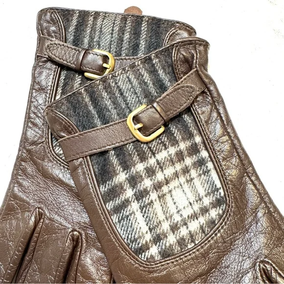 Vintage Merona Brown Leather Gloves with Tartan Plaid Fleece Detail Small Medium - Picture 3 of 7